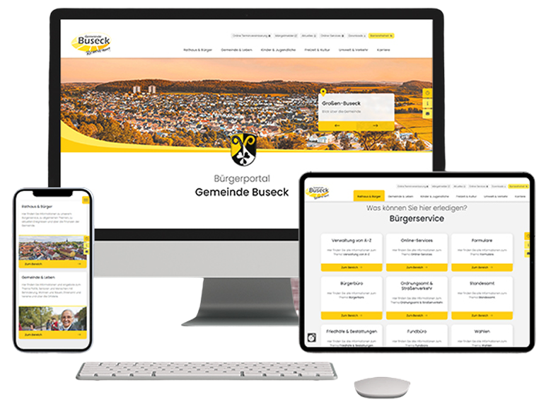 Website der Gemeinde Buseck auf Desktop, Mobil und Tablet Website der Gemeinde Buseck auf Desktop, Mobil und Tablet